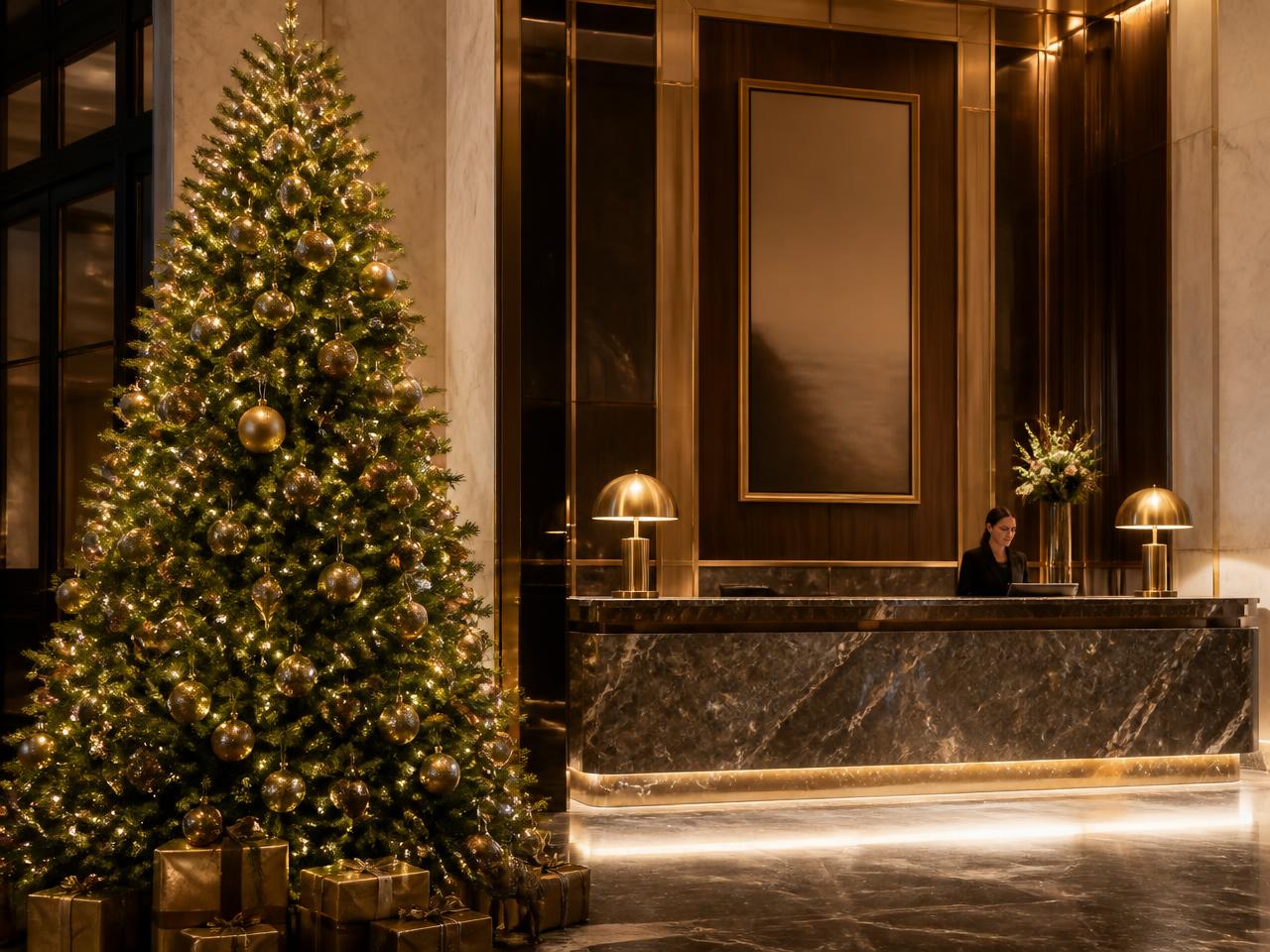Large real Christmas tree installed in a hotel reception lobby