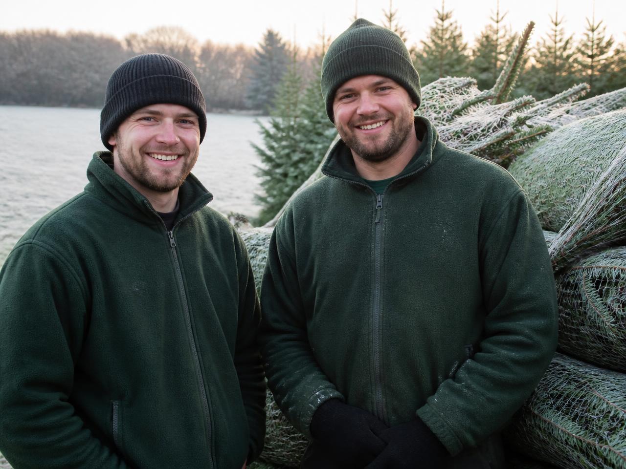 The two founders of The Christmas Tree Guys standing beside freshly cut Christmas trees