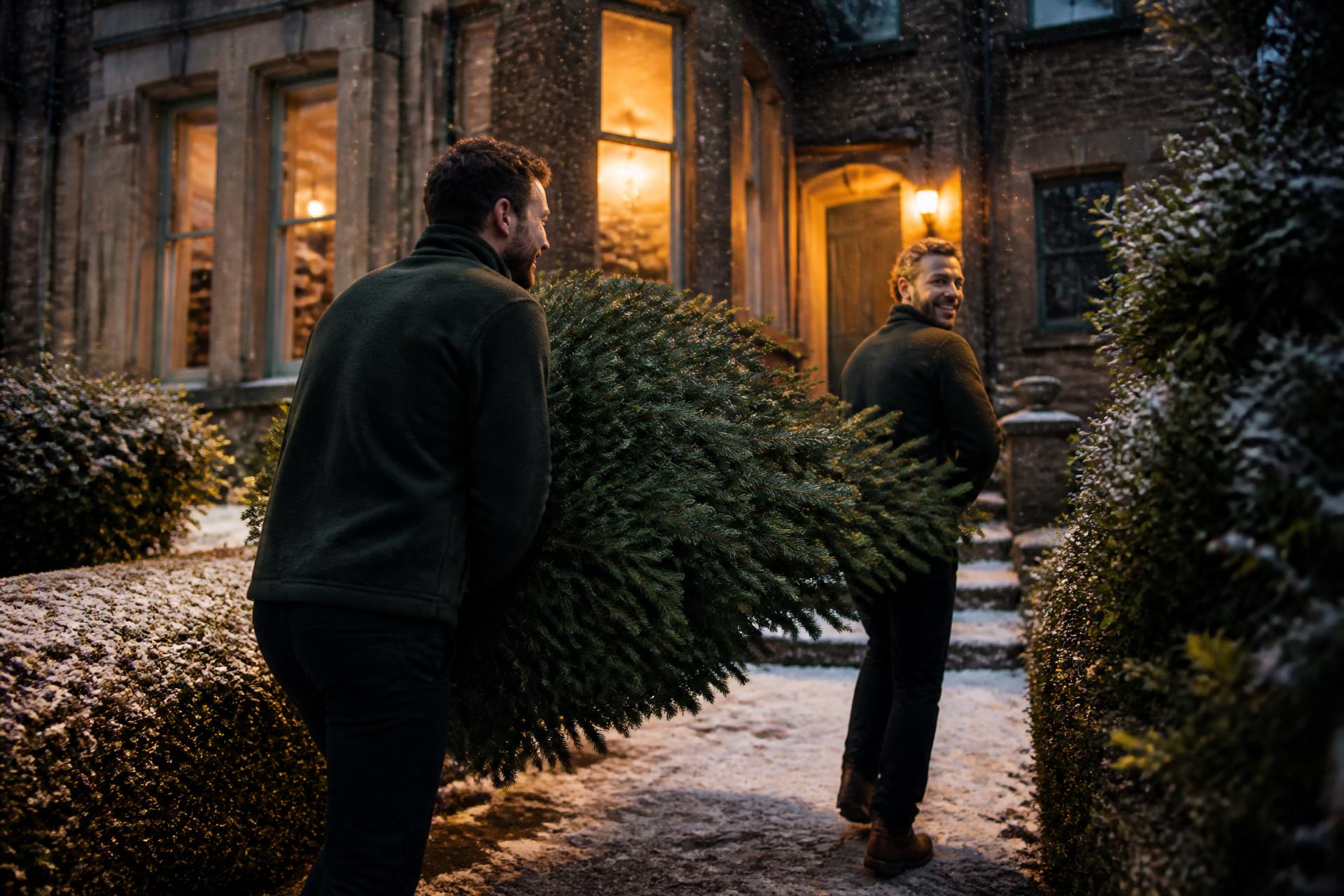 The Christmas Tree Guys carrying a real Christmas tree to a family home in the snow